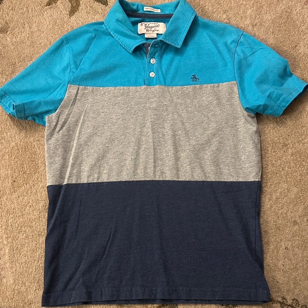 Original Penguin Men's Teal, Gray, and Navy Polo Shirt